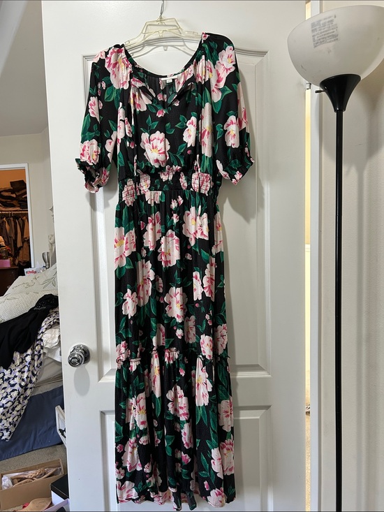 ON 34th Dresses & Skirts - Black Floral Maxi Dress with Pink Blooms and Green Leaves